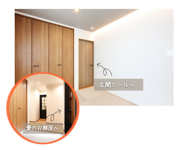 玄関近くに配置した畳スペースでお客様を迎えしやすく